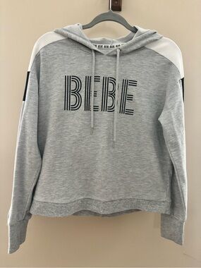 bebe Light Gray Hooded Sweatshirt with White Shoulder Panels